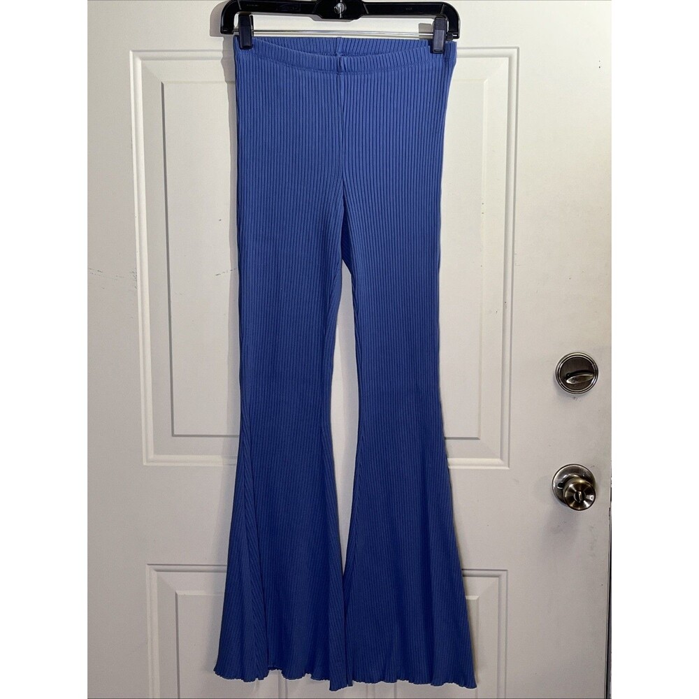 AERIE Ribbed Kick It Super Flare Pants Small Dusty Blue High Rise Boho